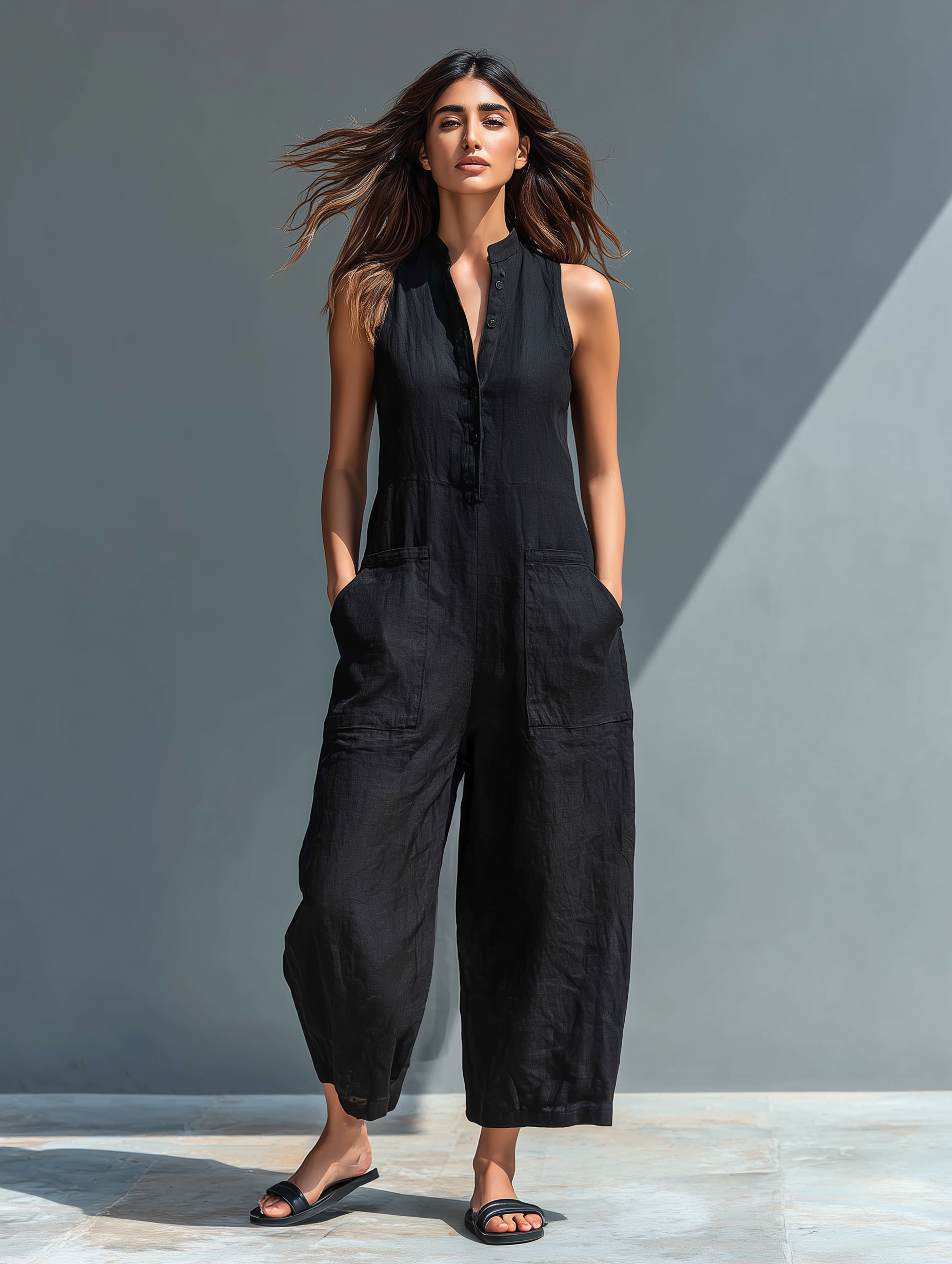 Silvia - Salopette Minimaliste sans Manches en Mélange Lin