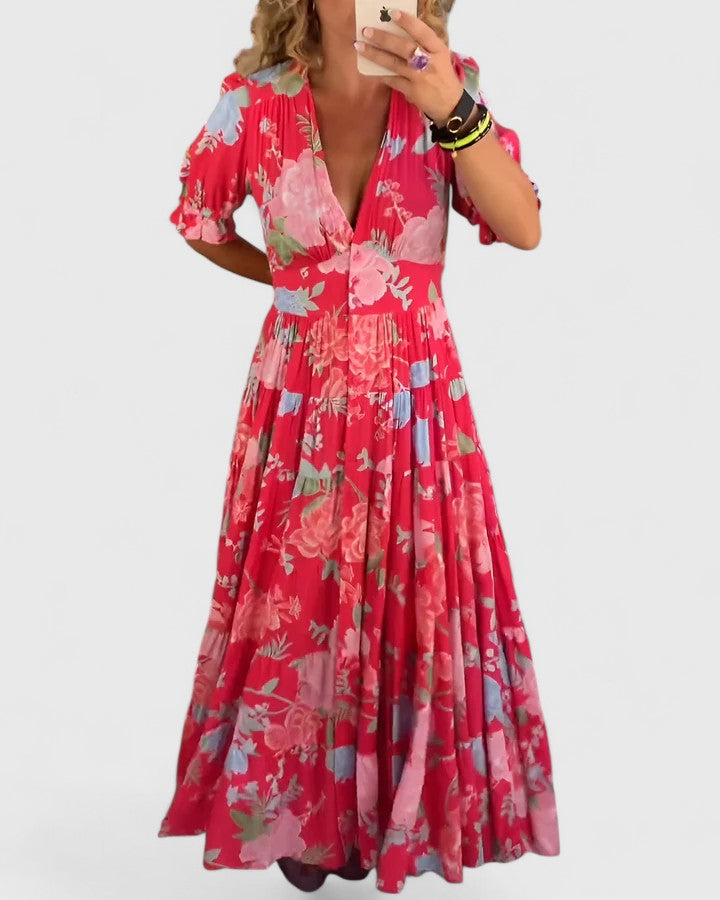 Minelda | Robe Florale Élégante à Col en V