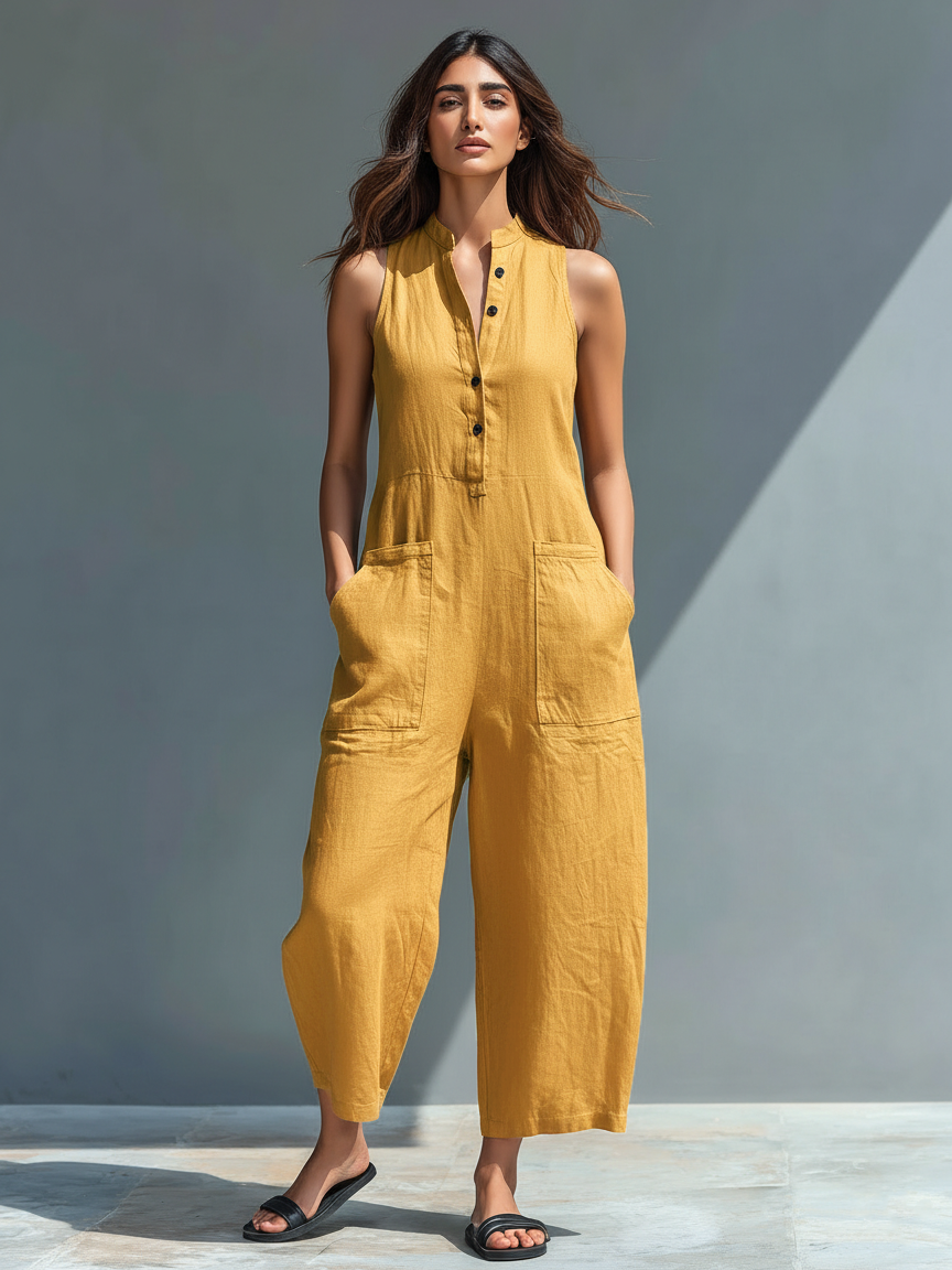 Silvia - Salopette Minimaliste sans Manches en Mélange Lin