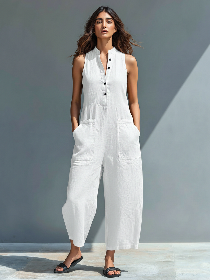 Silvia - Salopette Minimaliste sans Manches en Mélange Lin