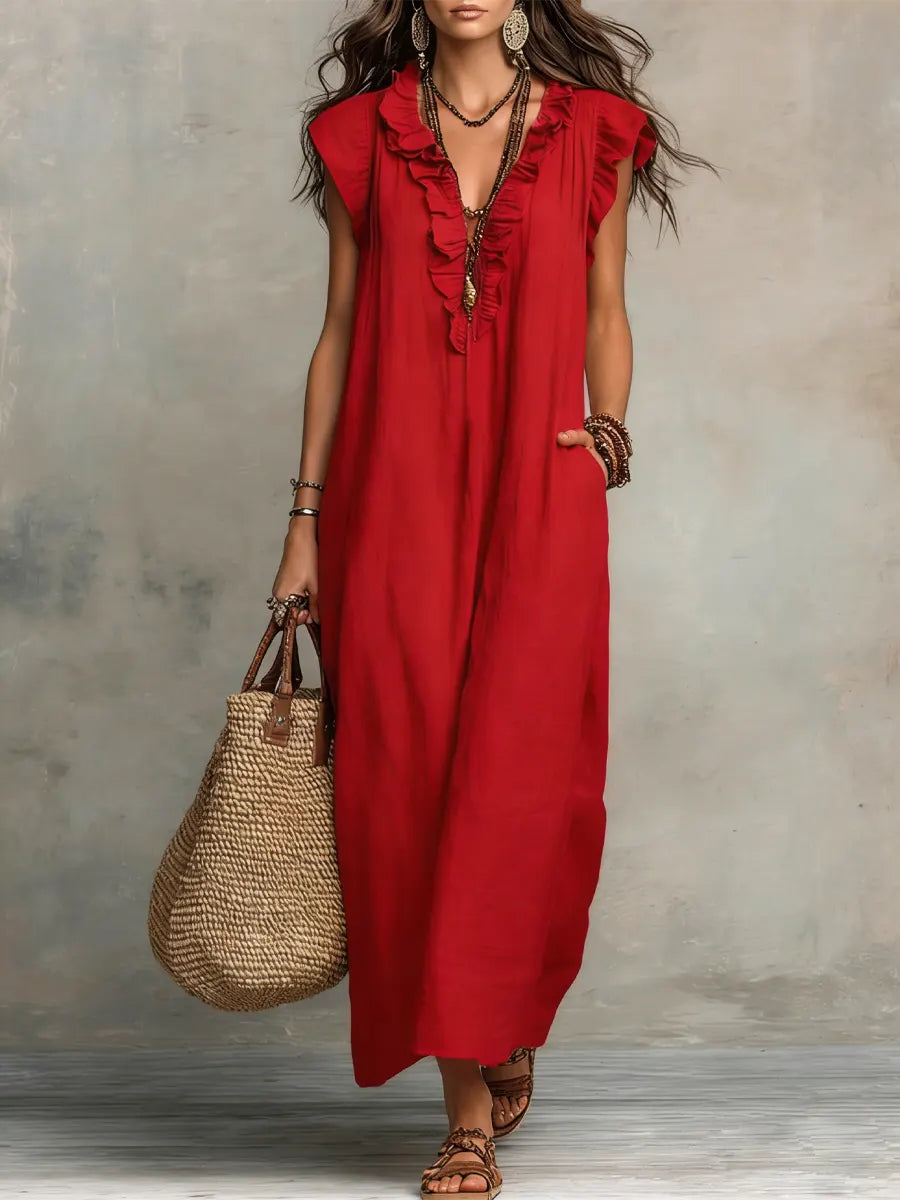 Camélia™ | Robe longue féminine en lin et coton à volants