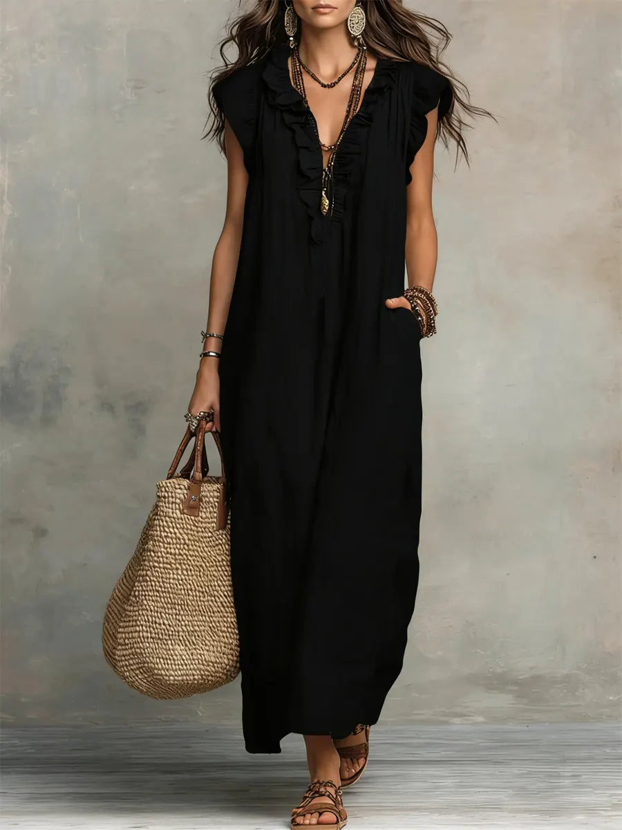 Camélia™ | Robe longue féminine en lin et coton à volants