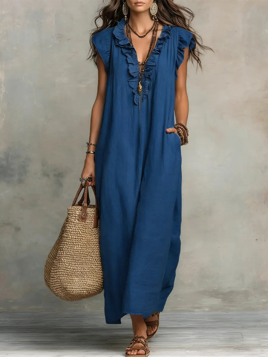Camélia™ | Robe longue féminine en lin et coton à volants