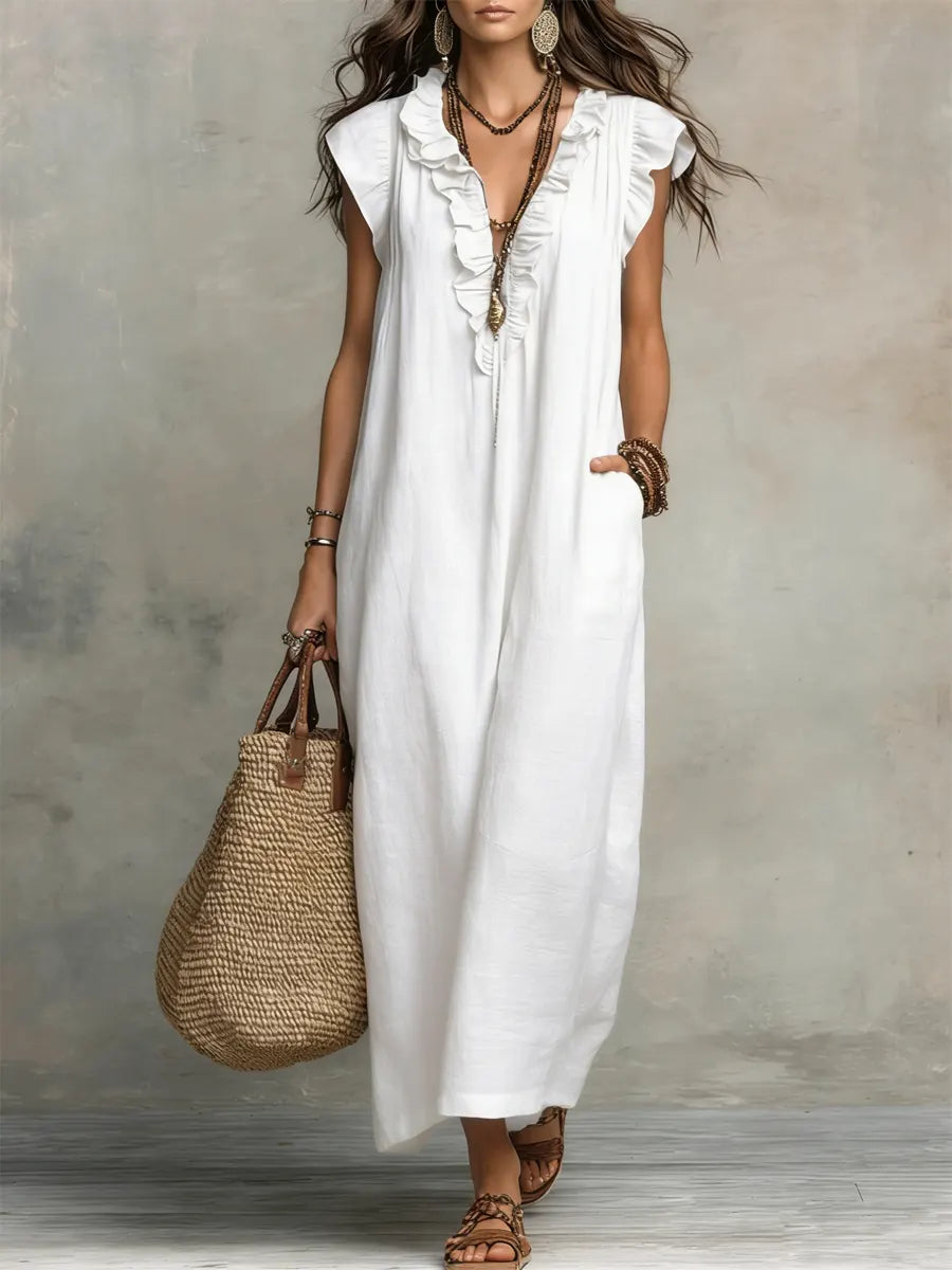 Camélia™ | Robe longue féminine en lin et coton à volants