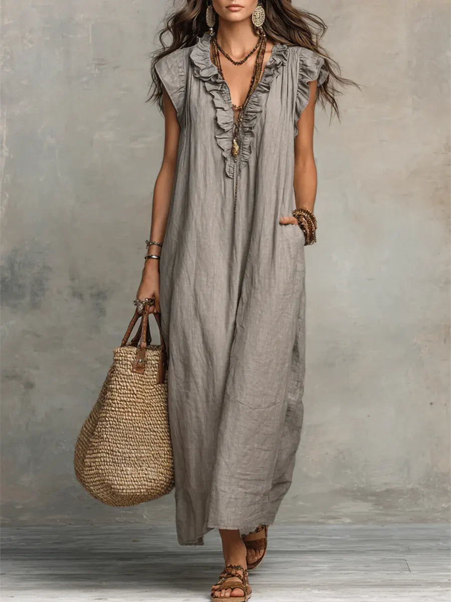 Camélia™ | Robe longue féminine en lin et coton à volants