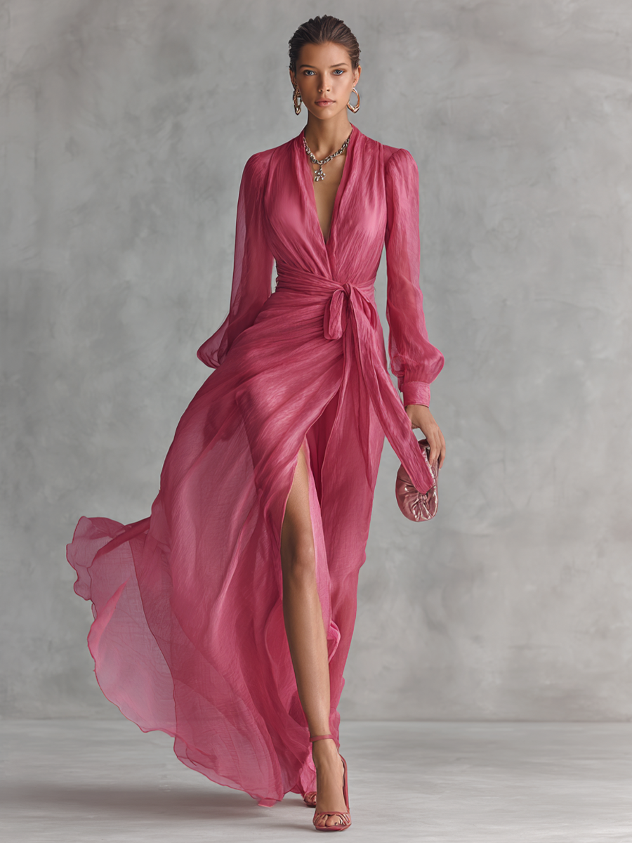Noemi - Robe Longue en Mousseline Perlée et Col en V