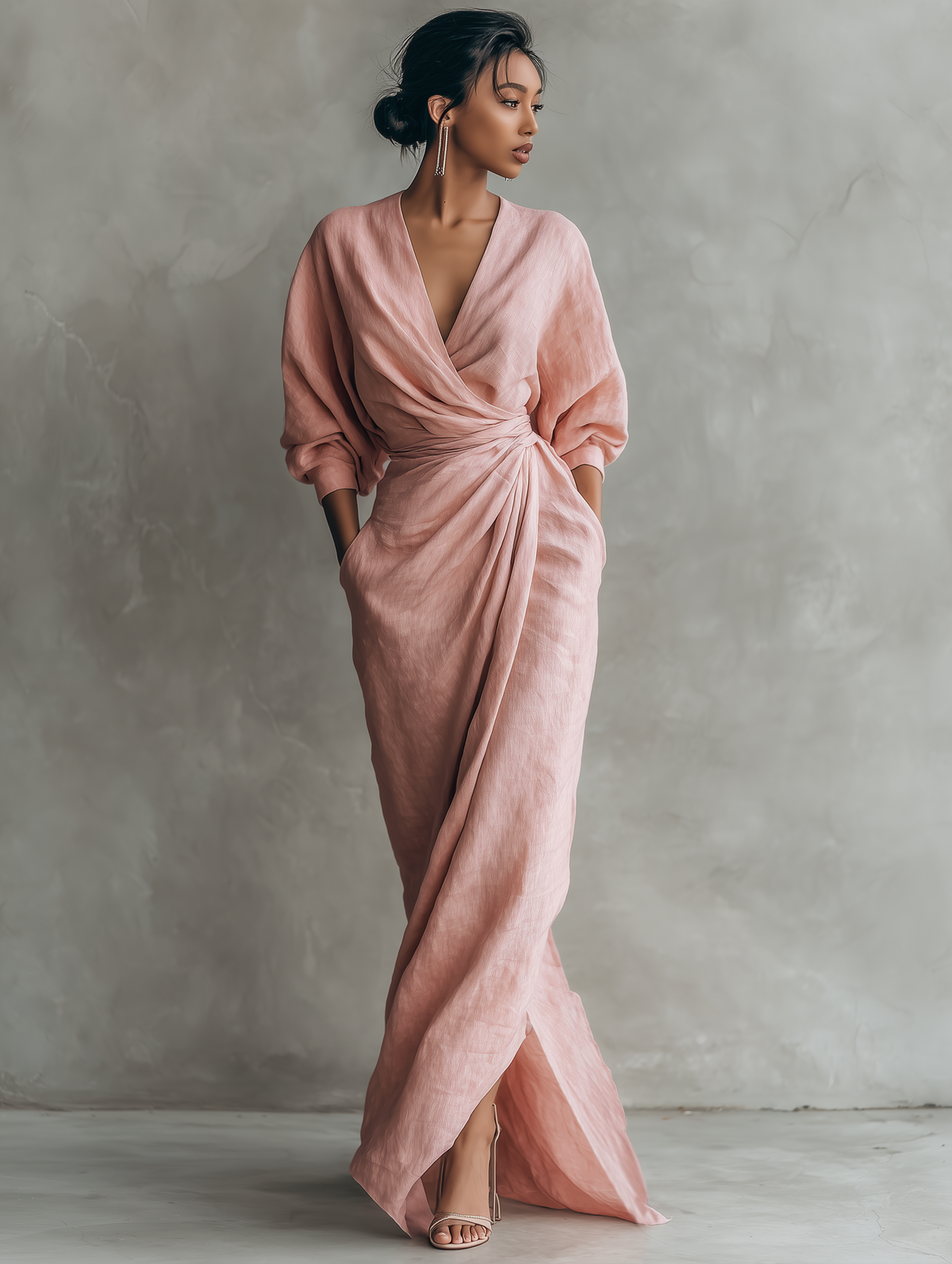 Eleonora - Robe Maxi en Lin Rose avec Col en V