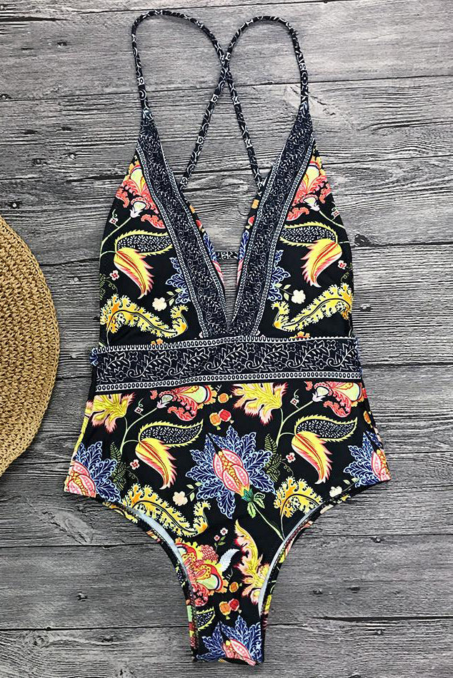 Maillot de Bain à Imprimé Boho et Décolleté en V
