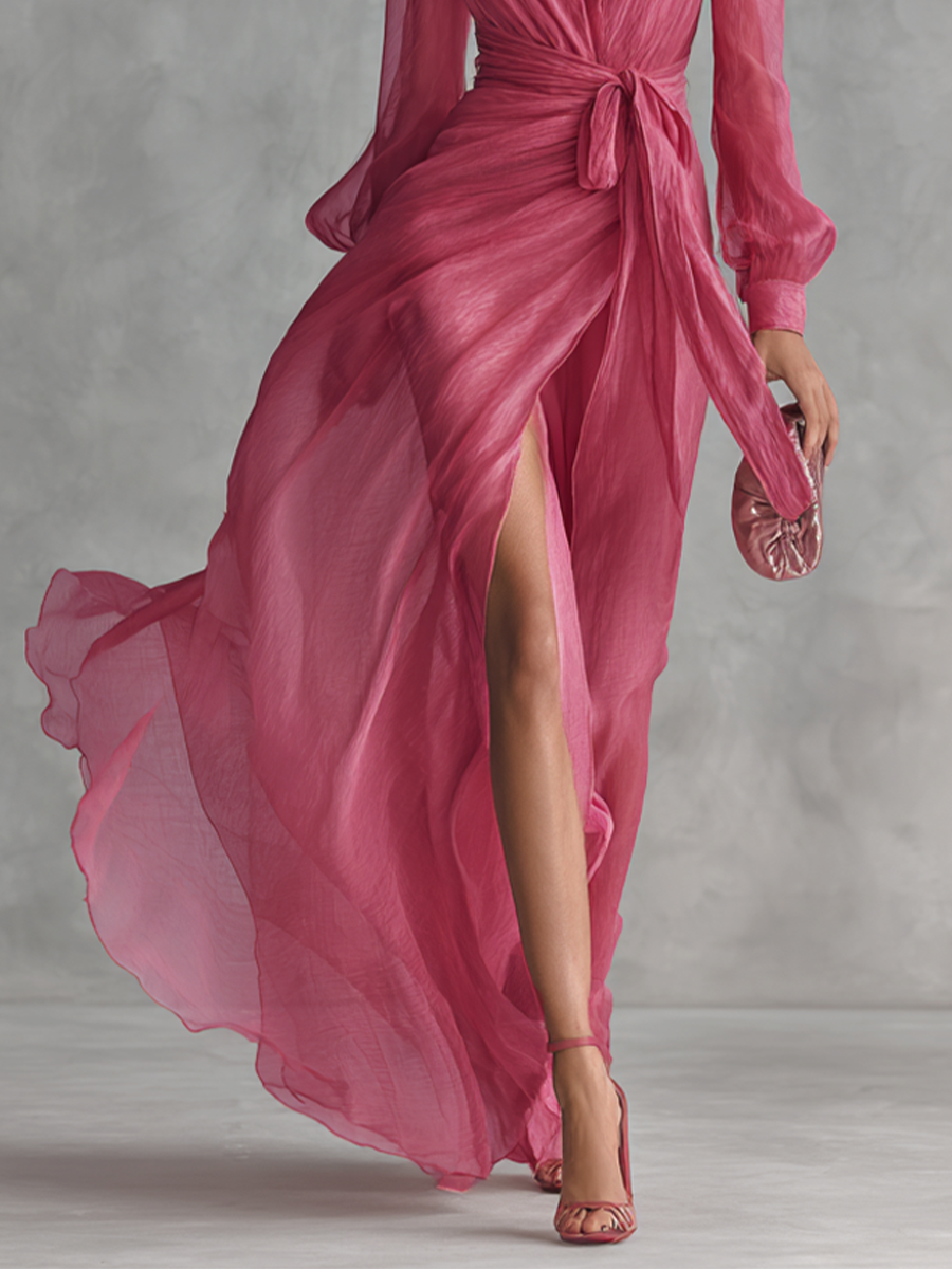 Noemi - Robe Longue en Mousseline Perlée et Col en V