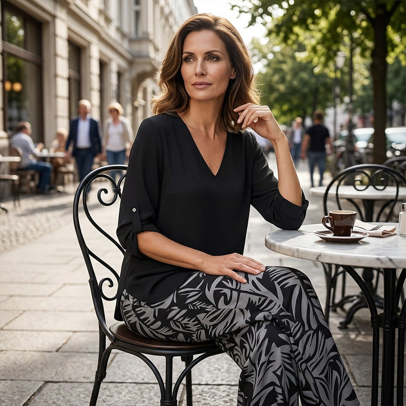 Leire | Ensemble femme avec chemisier à col en V et pantalon ample imprimé