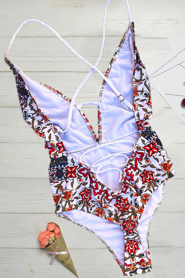 Maillot de Bain à Imprimé Boho et Décolleté en V