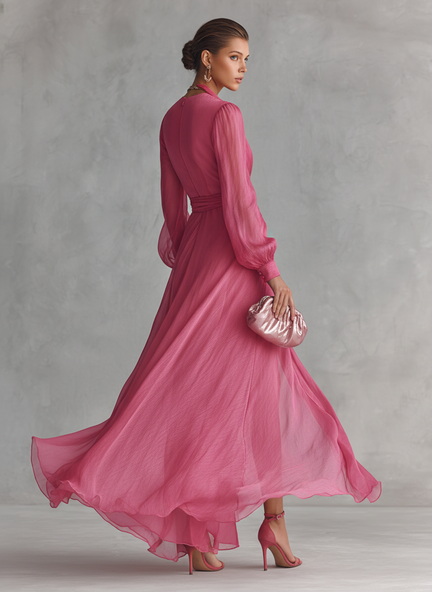 Noemi - Robe Longue en Mousseline Perlée et Col en V