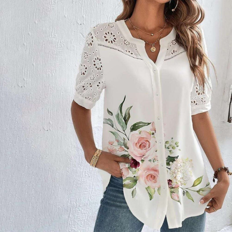Annelise | Blouse décontractée imprimée à détails de dentelle
