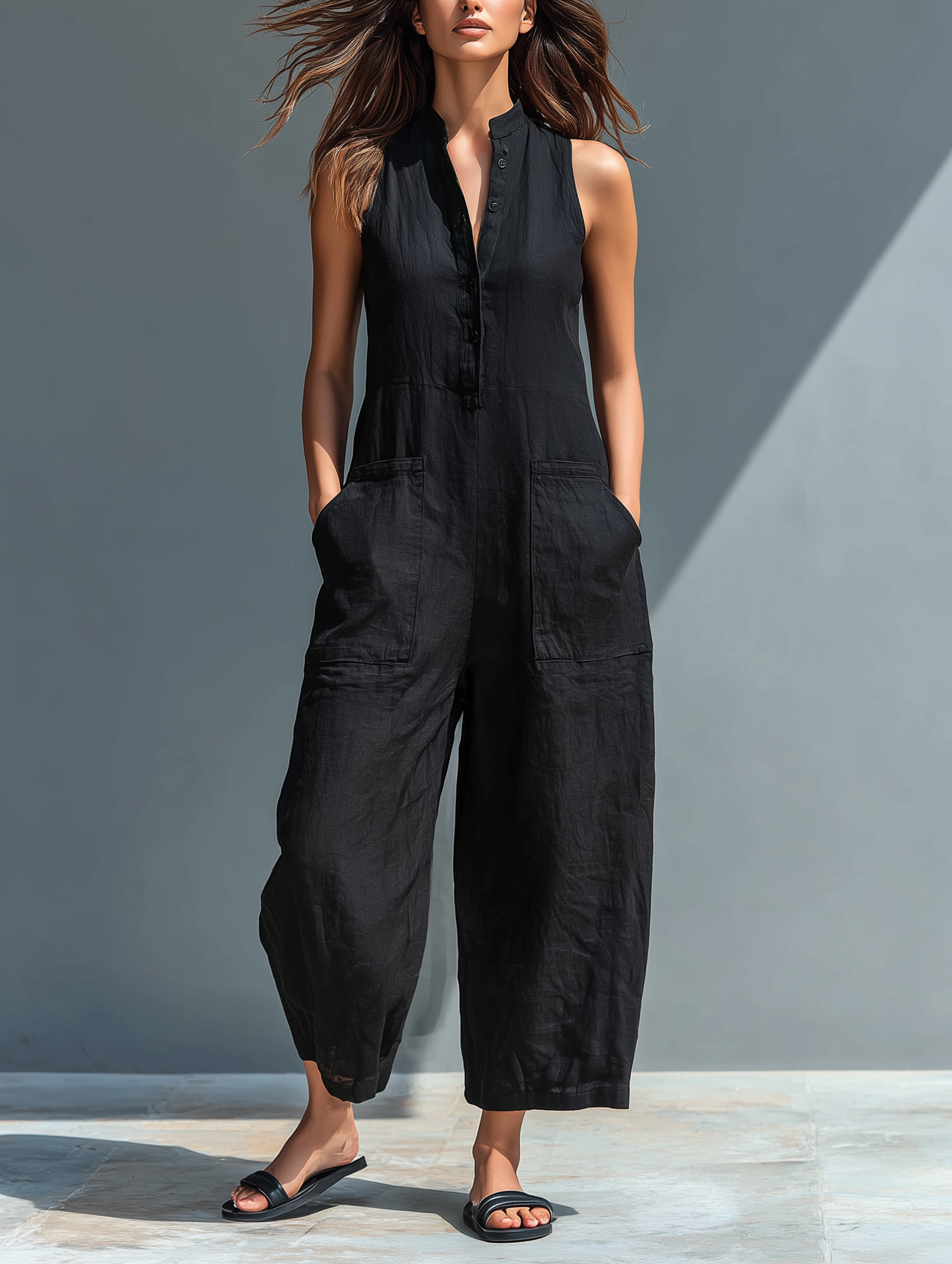Silvia - Salopette Minimaliste sans Manches en Mélange Lin