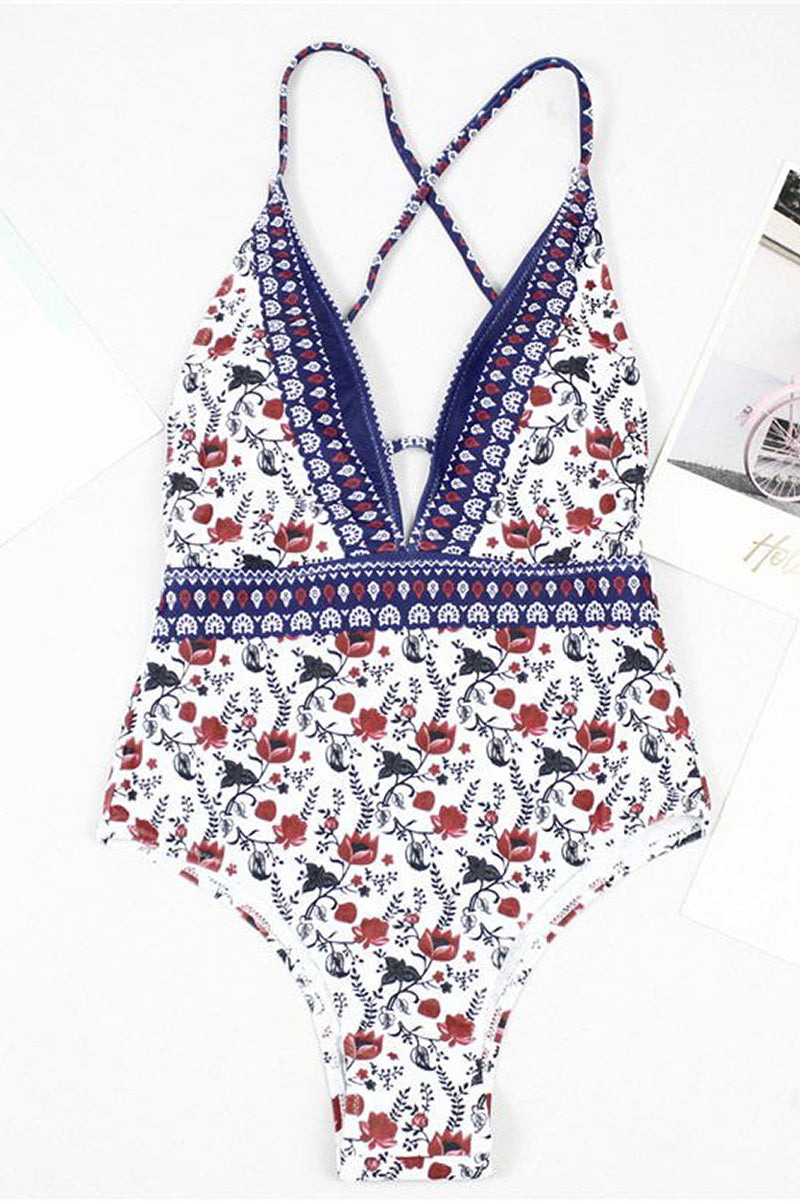 Maillot de Bain à Imprimé Boho et Décolleté en V