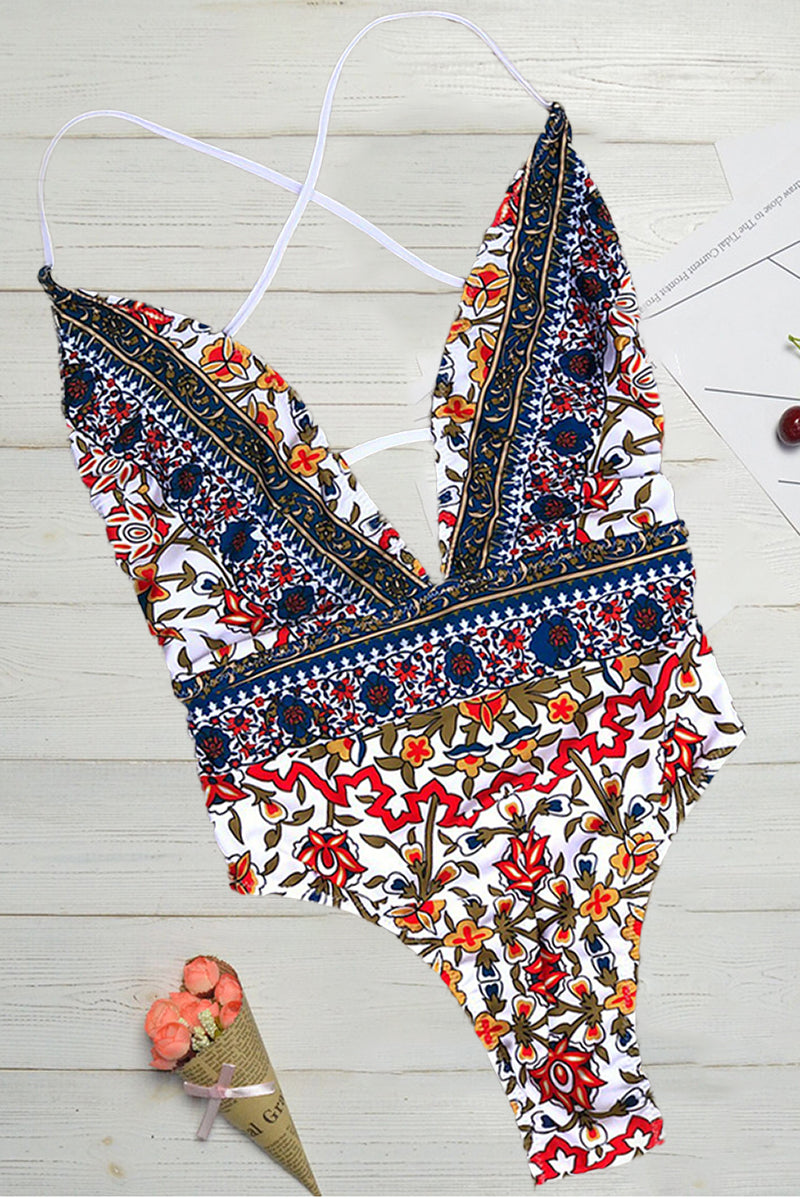 Maillot de Bain à Imprimé Boho et Décolleté en V