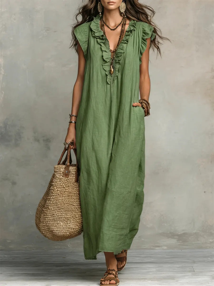 Camélia™ | Robe longue féminine en lin et coton à volants