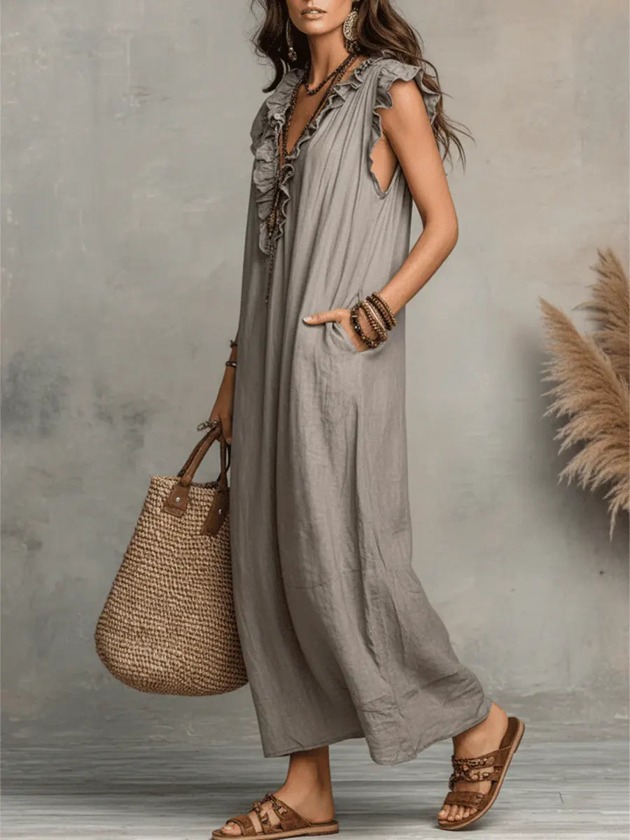 Camélia™ | Robe longue féminine en lin et coton à volants