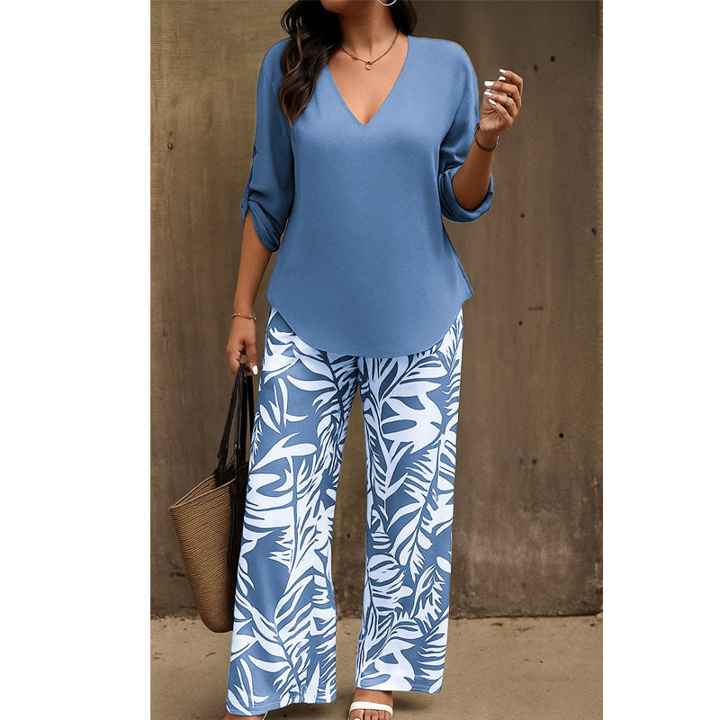 Leire | Ensemble femme avec chemisier à col en V et pantalon ample imprimé