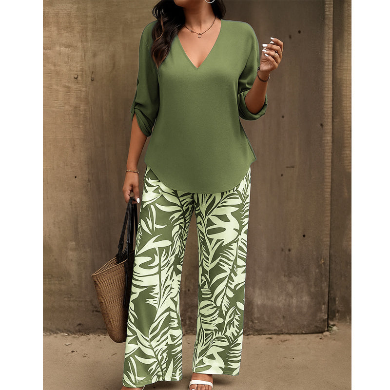 Leire | Ensemble femme avec chemisier à col en V et pantalon ample imprimé