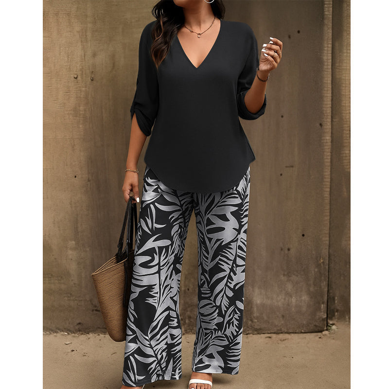 Leire | Ensemble femme avec chemisier à col en V et pantalon ample imprimé